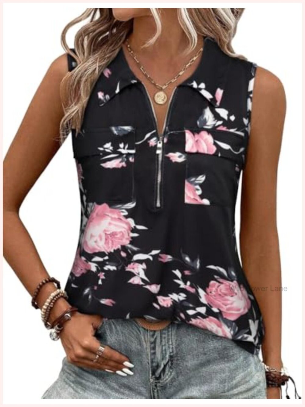 Sleeveless Collared Quarter Zip Tank Top Business Casual Tunic Blouse